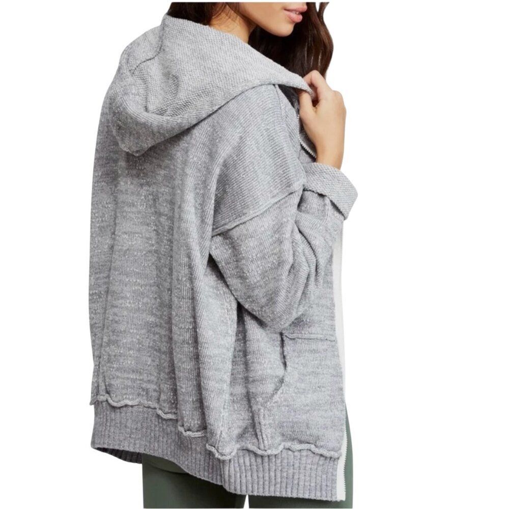 Free People Sz M In Bloom Knit Hoodie Sweater Gray White Oversized Full Zip Boho - Picture 8 of 15